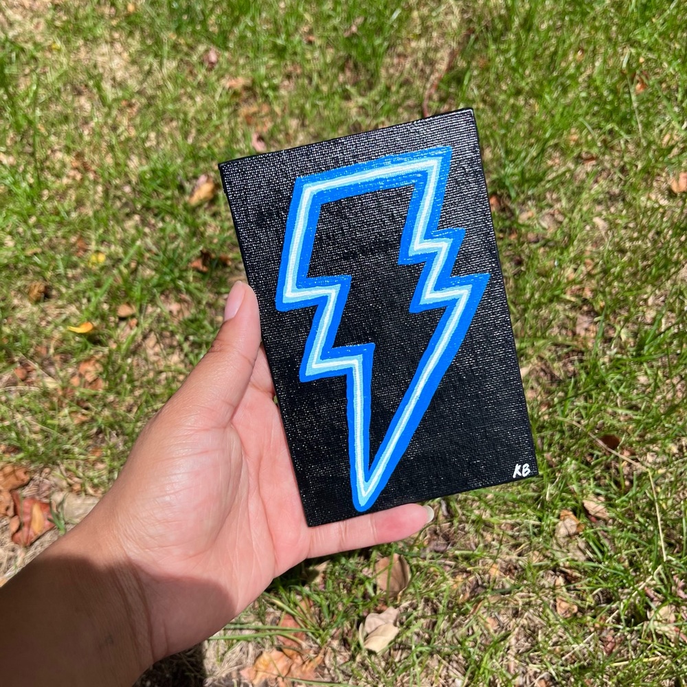 Hand-Painted Lightning Bolt Canvas - Blue on Black